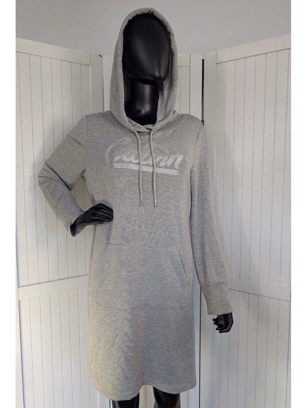 Calvin Klein Hoodie Dress XL Gray Rhinestone Logo Sweatshirt Long Sleeve